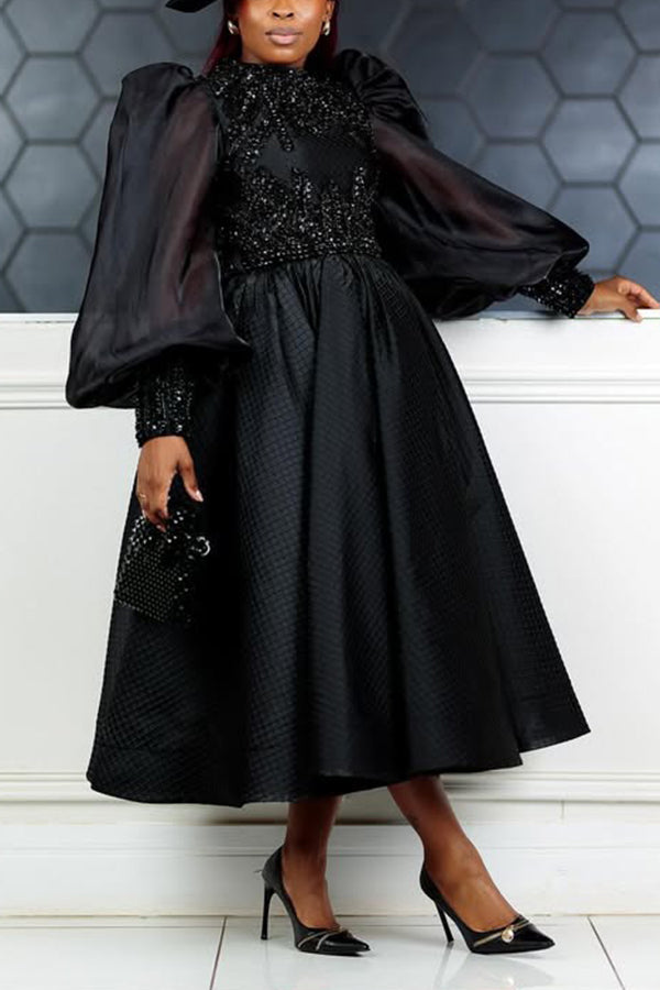 Chic Contrast Sequin Lantern Sleeve Dress