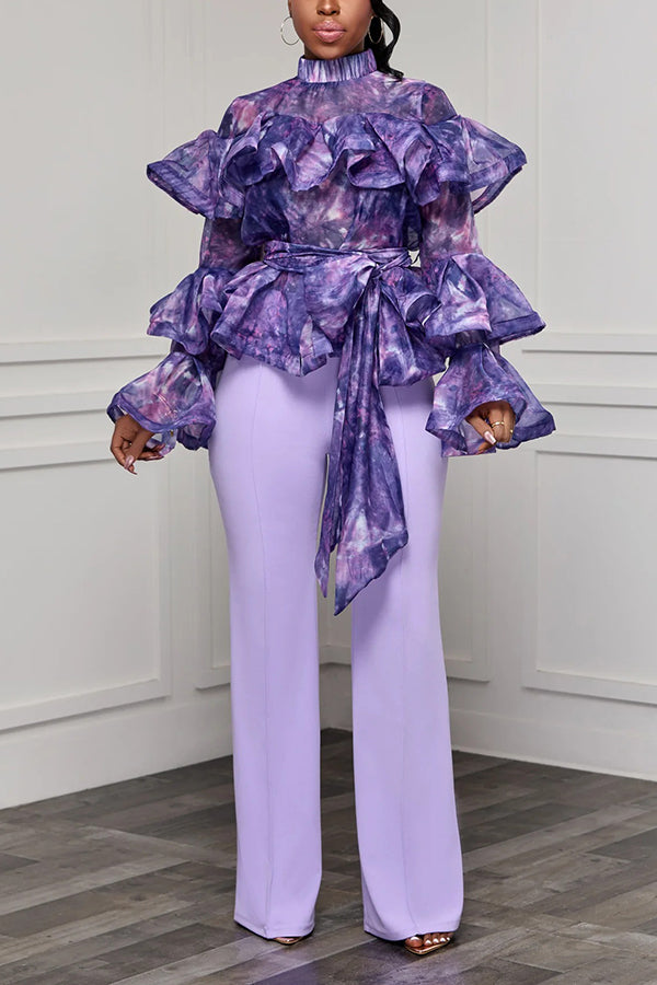 Romantic Floral Print Ruffle Hem Top & Pants Set