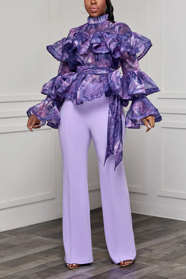Romantic Floral Print Ruffle Hem Top & Pants Set