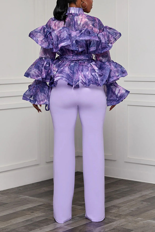 Romantic Floral Print Ruffle Hem Top & Pants Set
