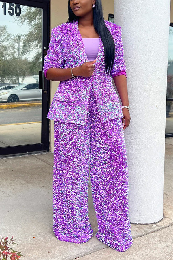 Vintage Sequin Single Button Blazer & Pants Set