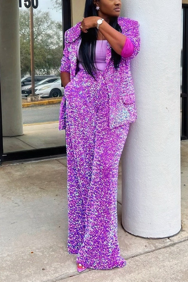 Vintage Sequin Single Button Blazer & Pants Set