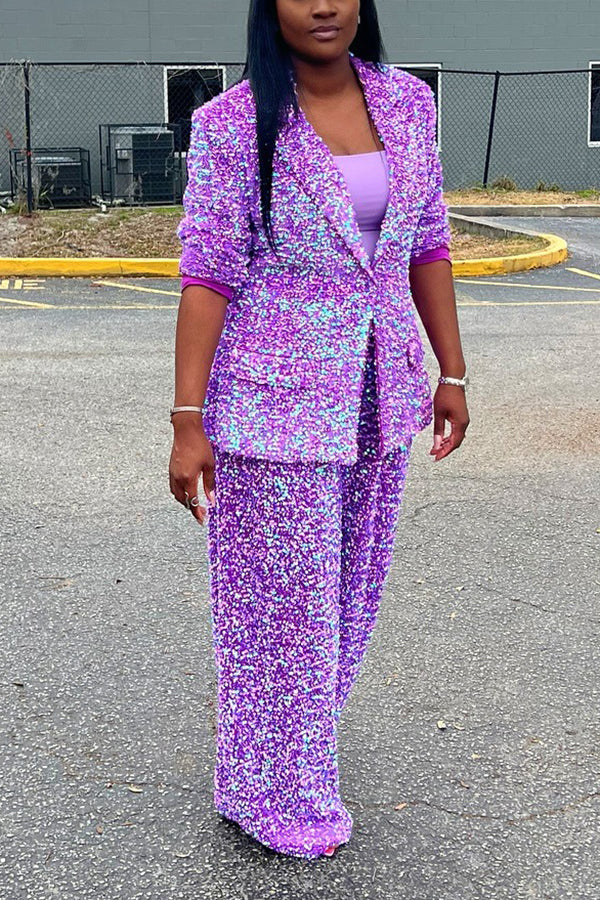 Vintage Sequin Single Button Blazer & Pants Set
