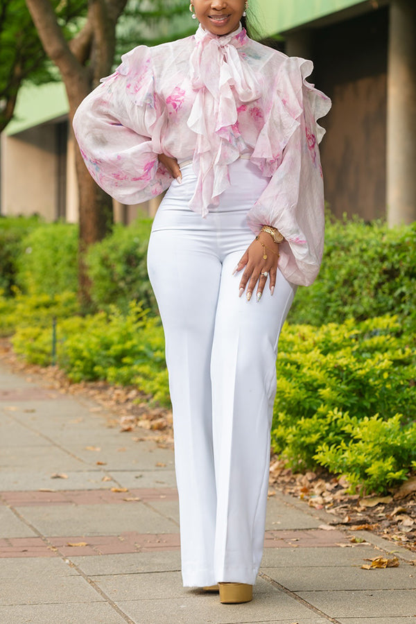 Chic Floral Print Ruffle Hem Top & Pants Set