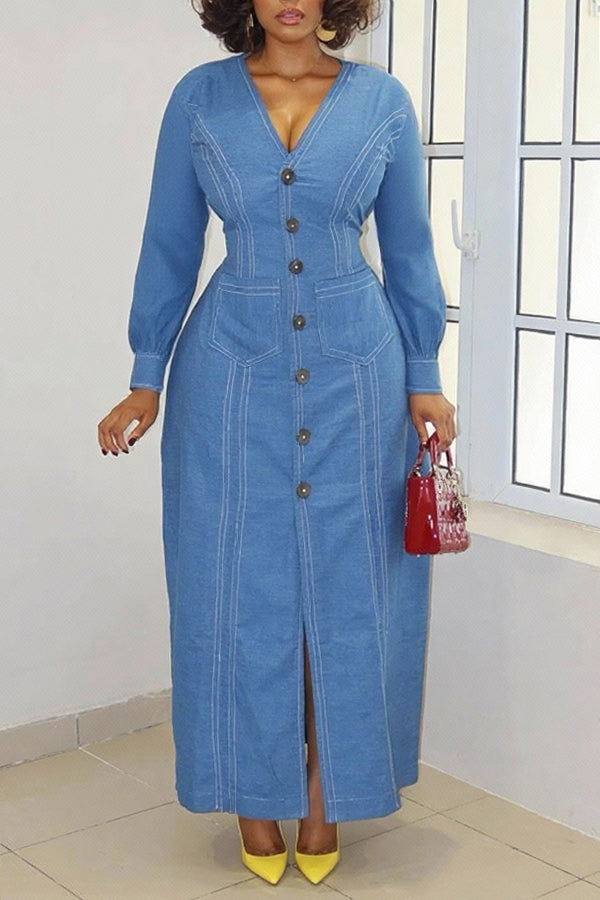 Stylish V-Neck Single Breasted Dress 
