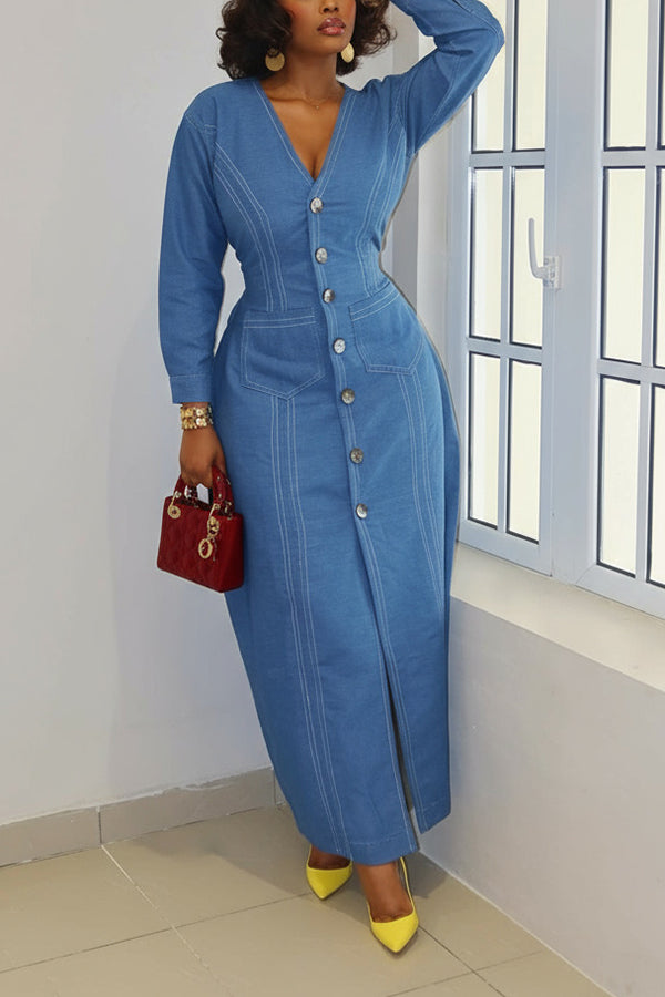 Stylish V-Neck Single Breasted Dress 