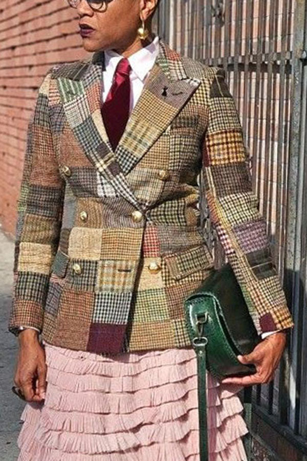 Vintag Plaid Patchwork Double Breasted Blazer