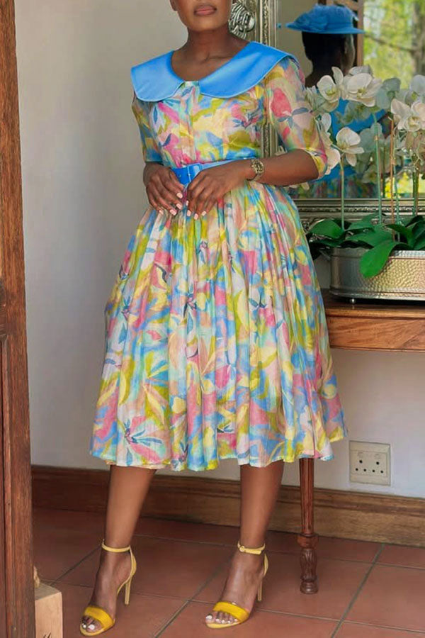 Romantic Contrast Peterpan Collar Floral Print Dress