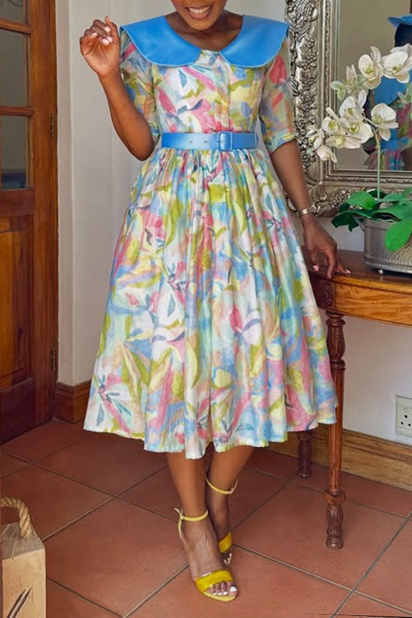 Romantic Contrast Peterpan Collar Floral Print Dress
