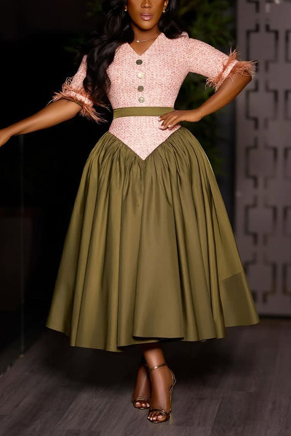 Retro Two Tone Fuzzy Trim Dress