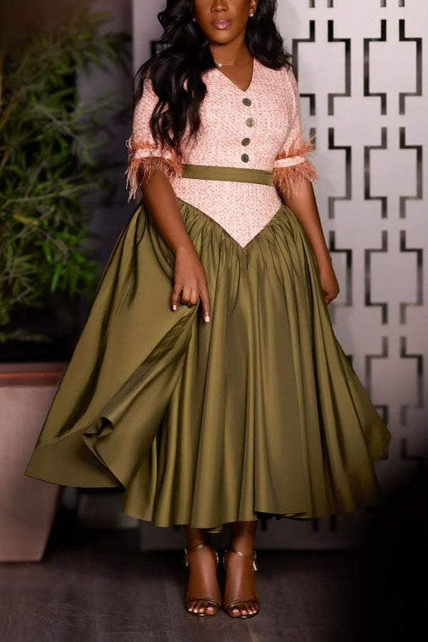 Retro Two Tone Fuzzy Trim Dress