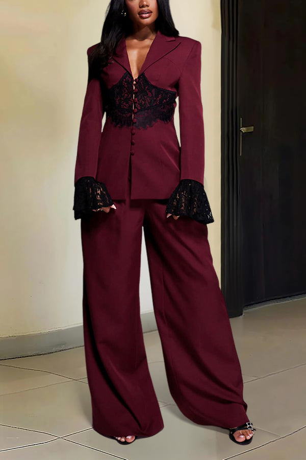 Stylish Contrast Lace Blazer & Pants Set
