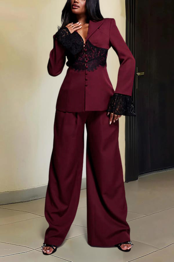 Stylish Contrast Lace Blazer & Pants Set
