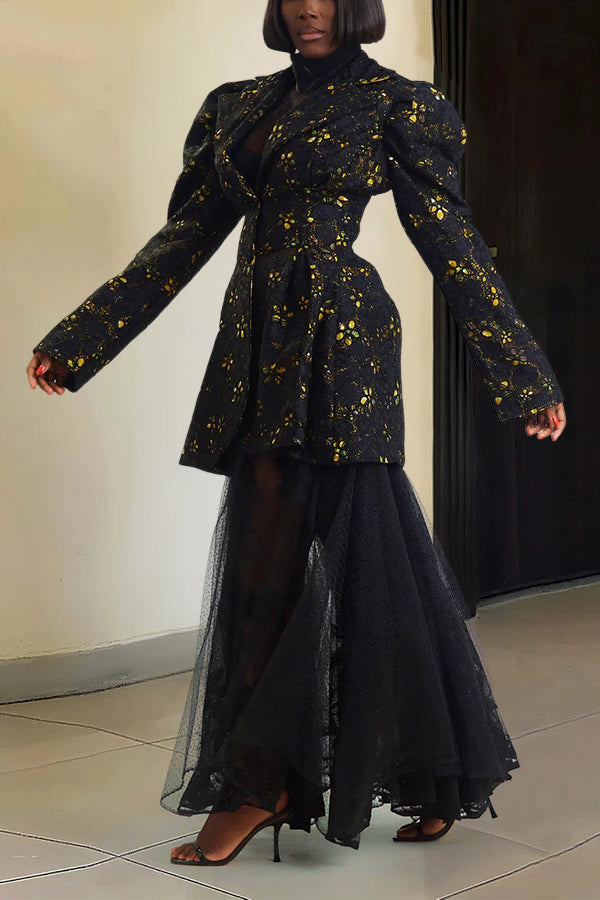 Retro Floral Print Lapel Collar Blazer