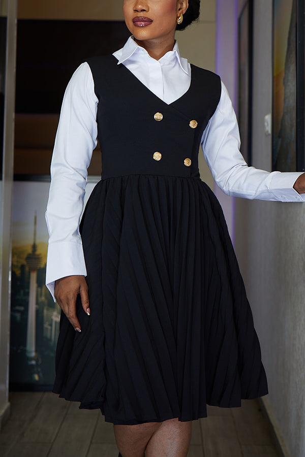 Elegant Double Breasted Pleated Sleeveless Dress
