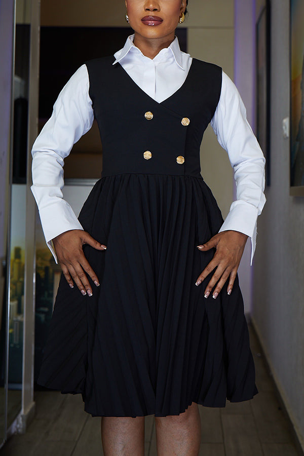 Elegant Double Breasted Pleated Sleeveless Dress
