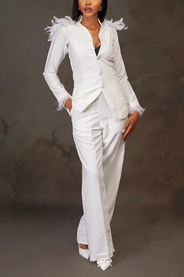 Stylish Feather Single Breasted Blazer & Pants Set