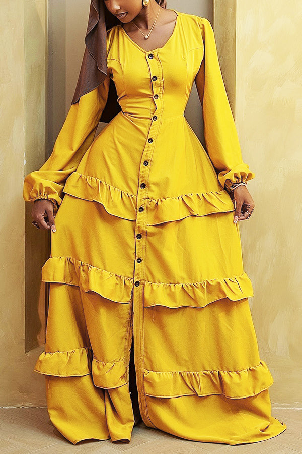 Stylish Layered Ruffle Single Breasted Dress