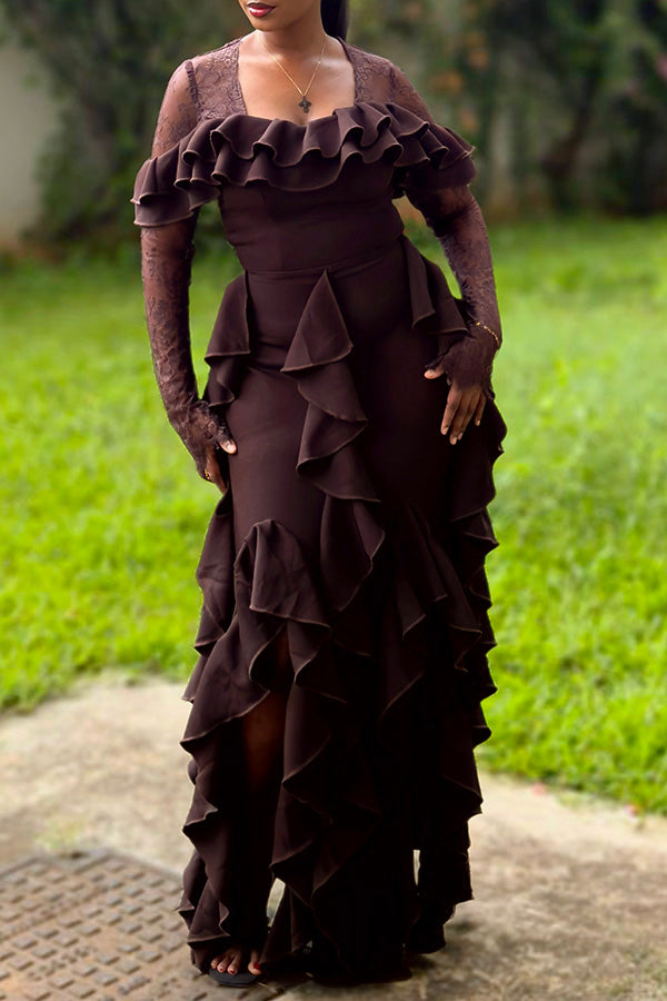 Retro Layered Ruffle Contrast Lace Dress