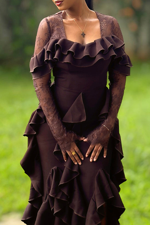 Retro Layered Ruffle Contrast Lace Dress