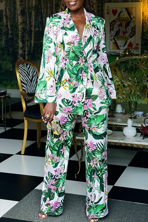 Retro Floral Print Blazer & Pants Set
