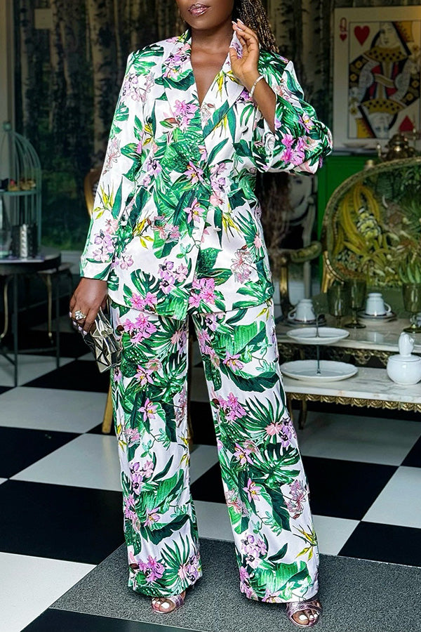 Retro Floral Print Blazer & Pants Set