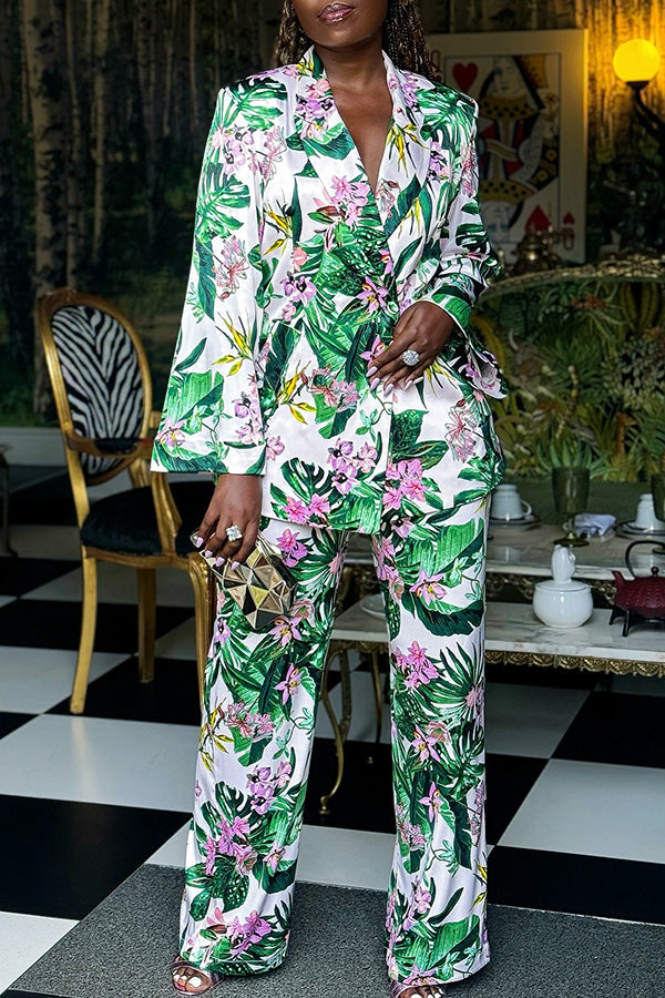 Retro Floral Print Blazer & Pants Set