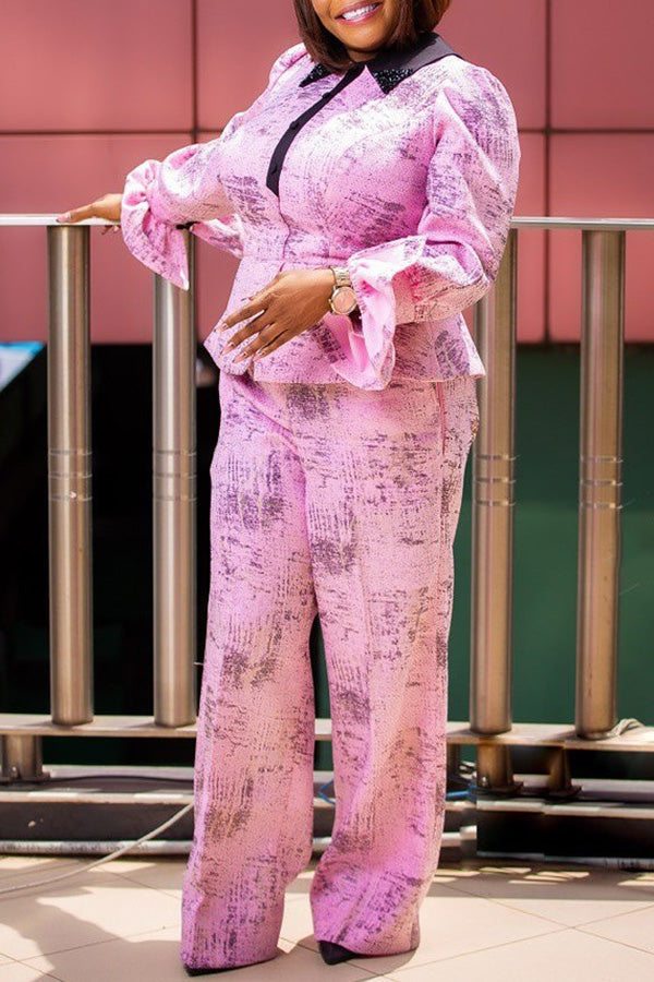 Vintage Two Tone Shirt Collar Top & Pants Set