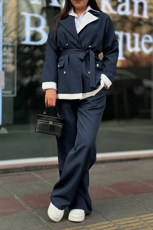 Stylish Colorblock Lapel Collar Blazer & Pants Set