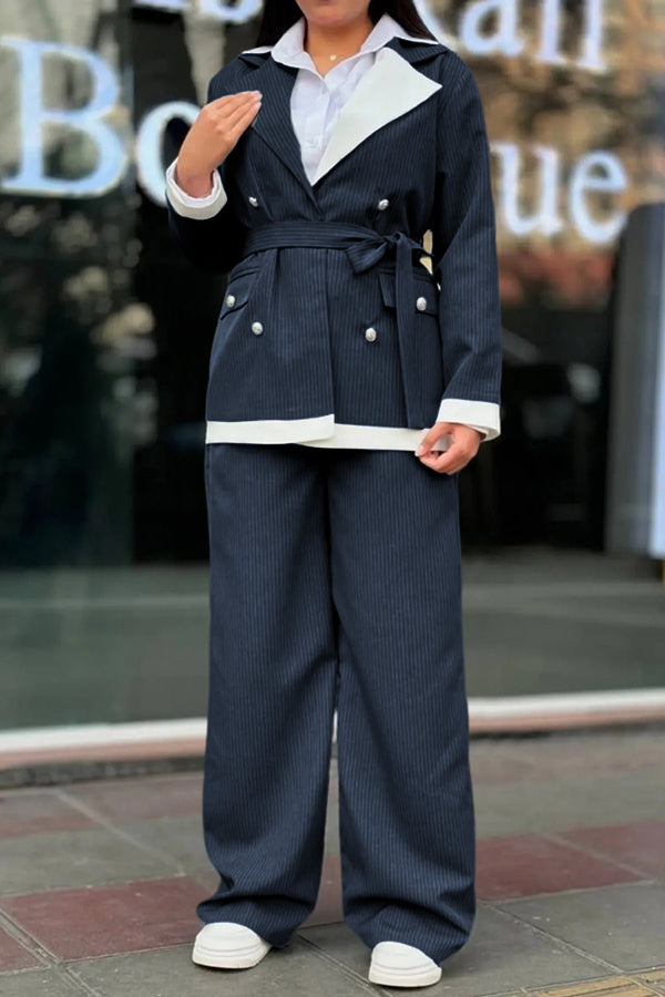 Stylish Colorblock Lapel Collar Blazer & Pants Set