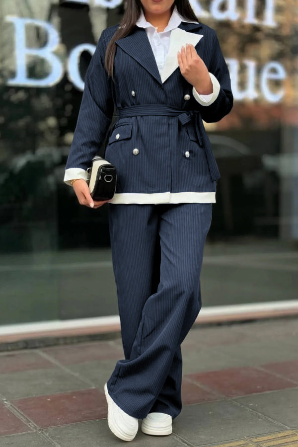 Stylish Colorblock Lapel Collar Blazer & Pants Set
