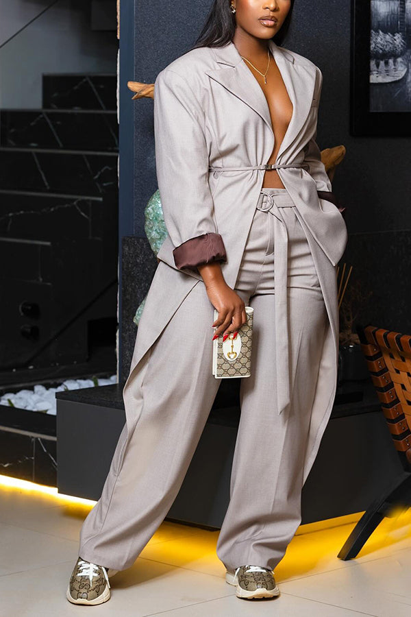 Retro Lapel Collar Blazer & Belted Pants Set