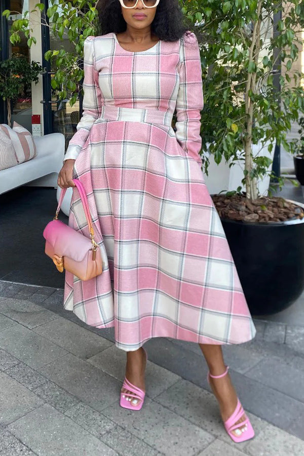 Elegant Plaid Round Neck Midi Dress