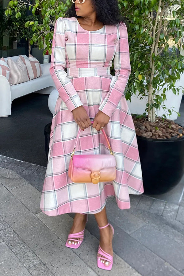Elegant Plaid Round Neck Midi Dress