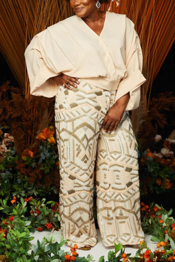 Retro Surplice Neck Top & Pants Set