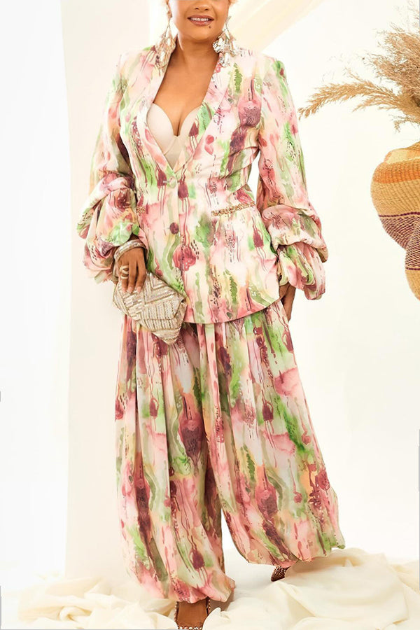 Elegant Allover Print Blazer & Pants Set