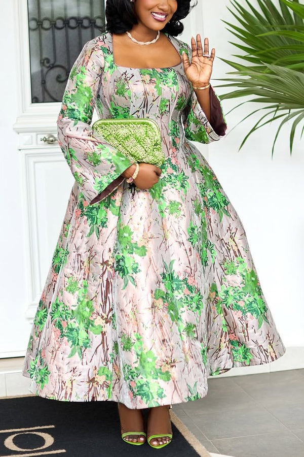 Retro Trumpet Sleeve Floral Print Dress