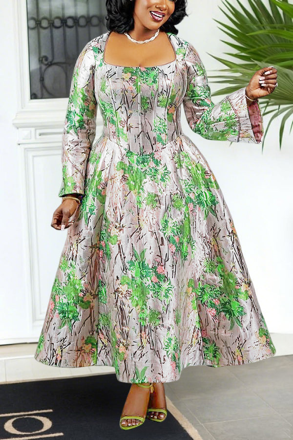 Retro Trumpet Sleeve Floral Print Dress