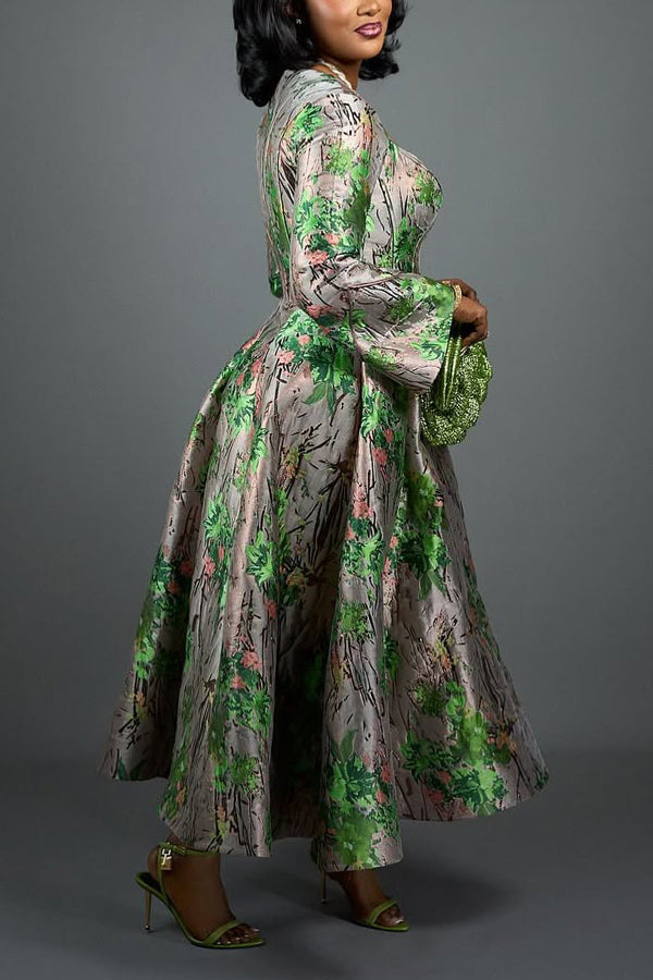 Retro Trumpet Sleeve Floral Print Dress