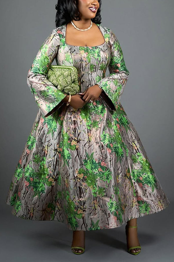 Retro Trumpet Sleeve Floral Print Dress