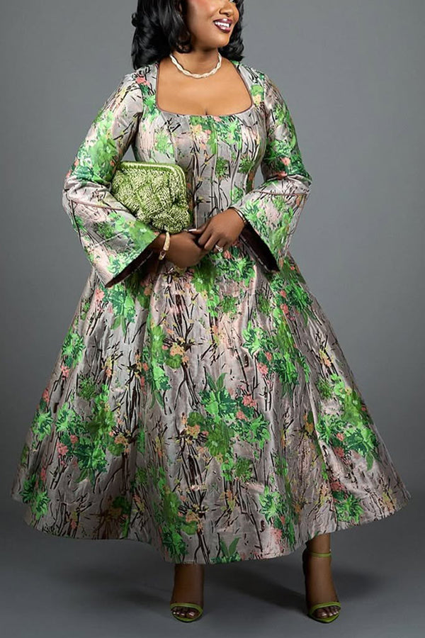 Retro Trumpet Sleeve Floral Print Dress