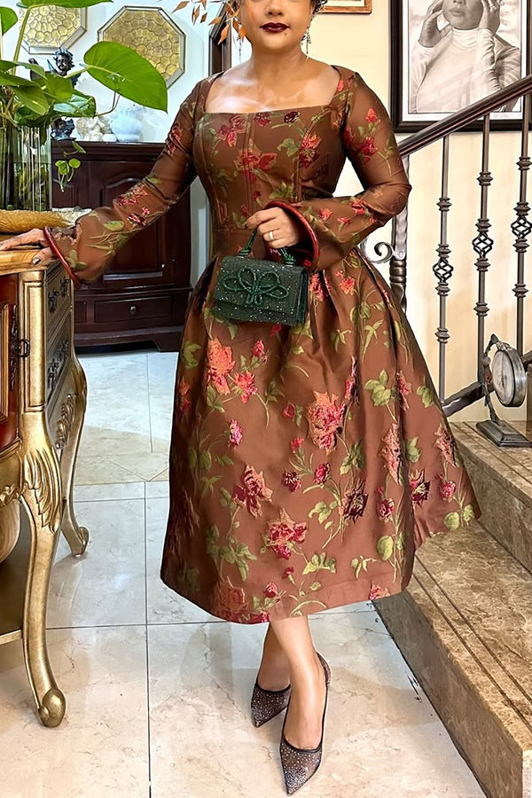 Vintage Square Neck Floral Print Dress