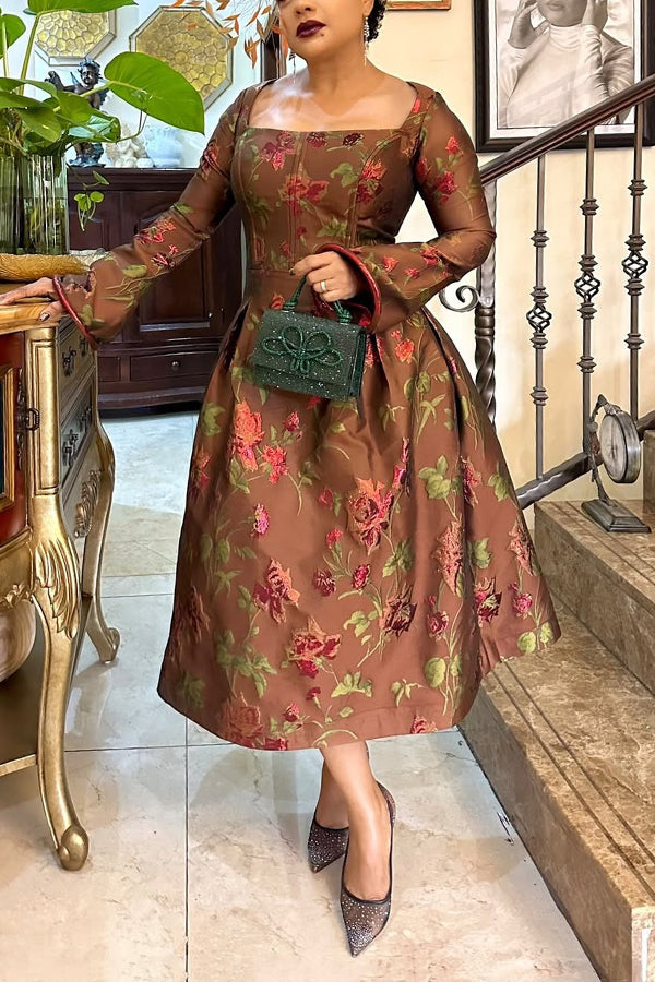 Vintage Square Neck Floral Print Dress