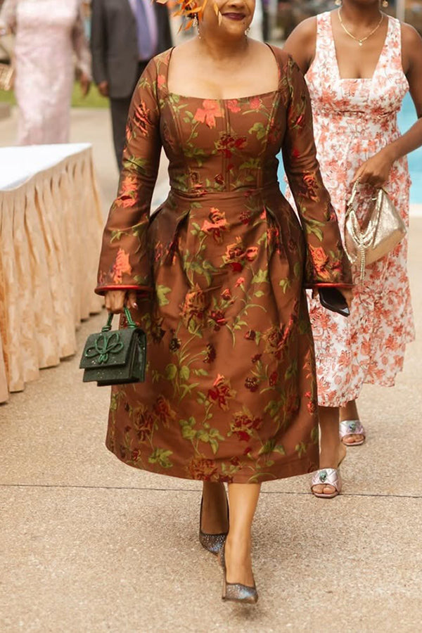 Vintage Square Neck Floral Print Dress