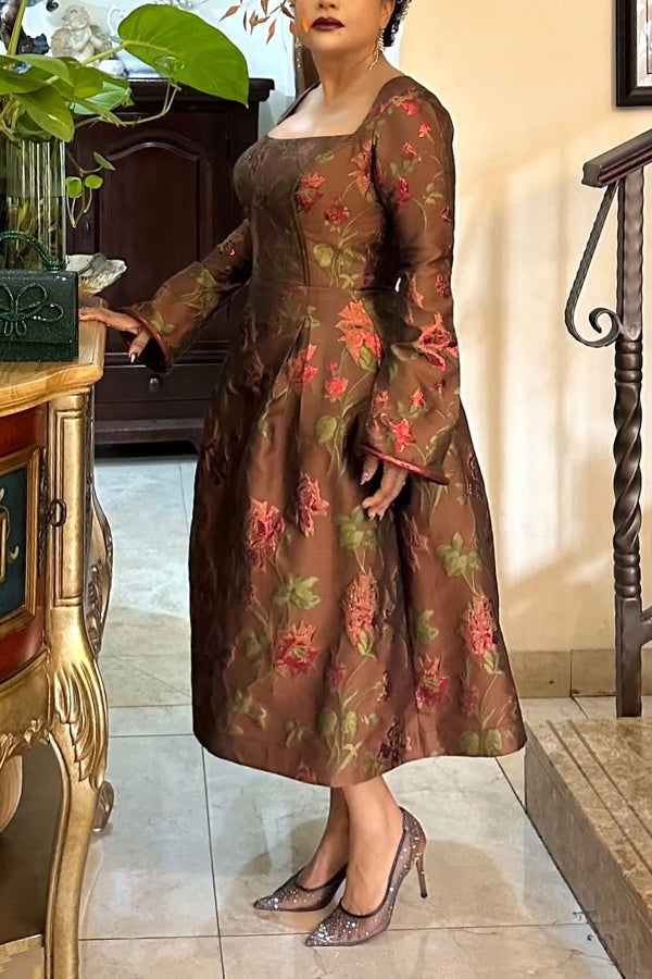 Vintage Square Neck Floral Print Dress
