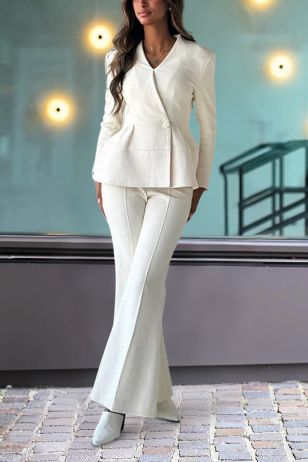 Stylish Single Button Ruffle Hem Blazer & Pants Set