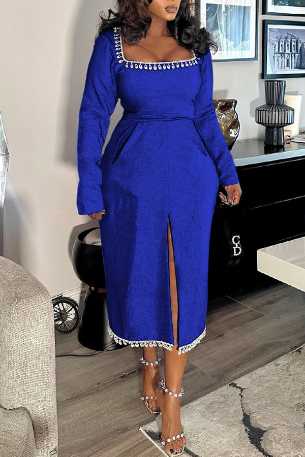 Chic Square Neck Rhinestones Split Hem Dress