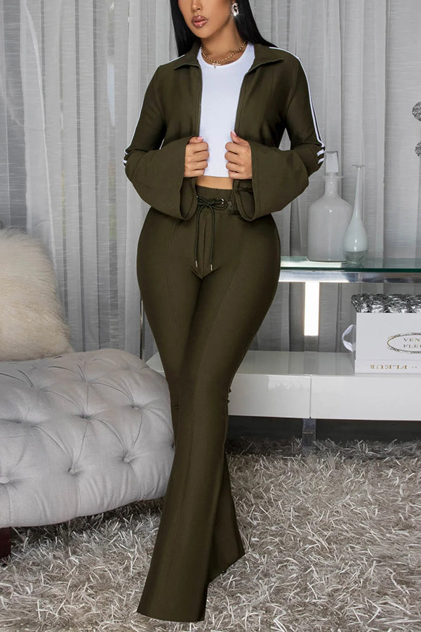Casual Two Tone Zip Front Top & Pants Set