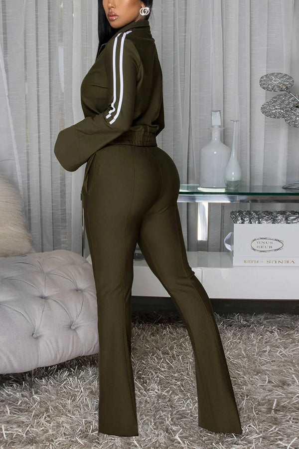 Casual Two Tone Zip Front Top & Pants Set