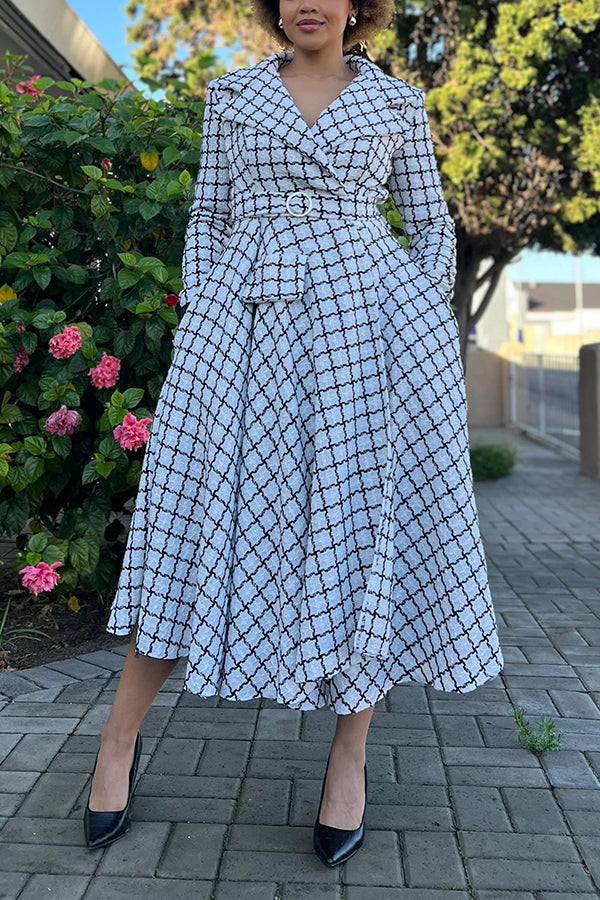 Retro Plaid Lapel Collar Belted Dress